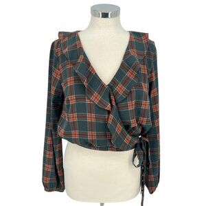 Lumiere Plaid Wrap Ruffle Collar Balloon Sleeve Blouse Green Orange Size Medium